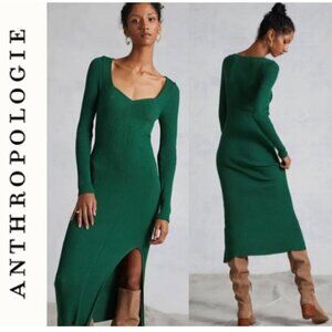 Anthropologie Ribbed Seamed Knit Maxi Dress Green Slit Long Sleeve Size large